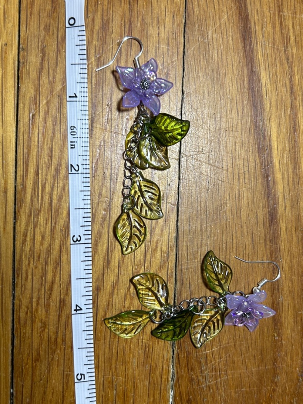 Purple Flower and Green Leaf Dangle Earrings - Women's Jewelry - Picture 3 of 6